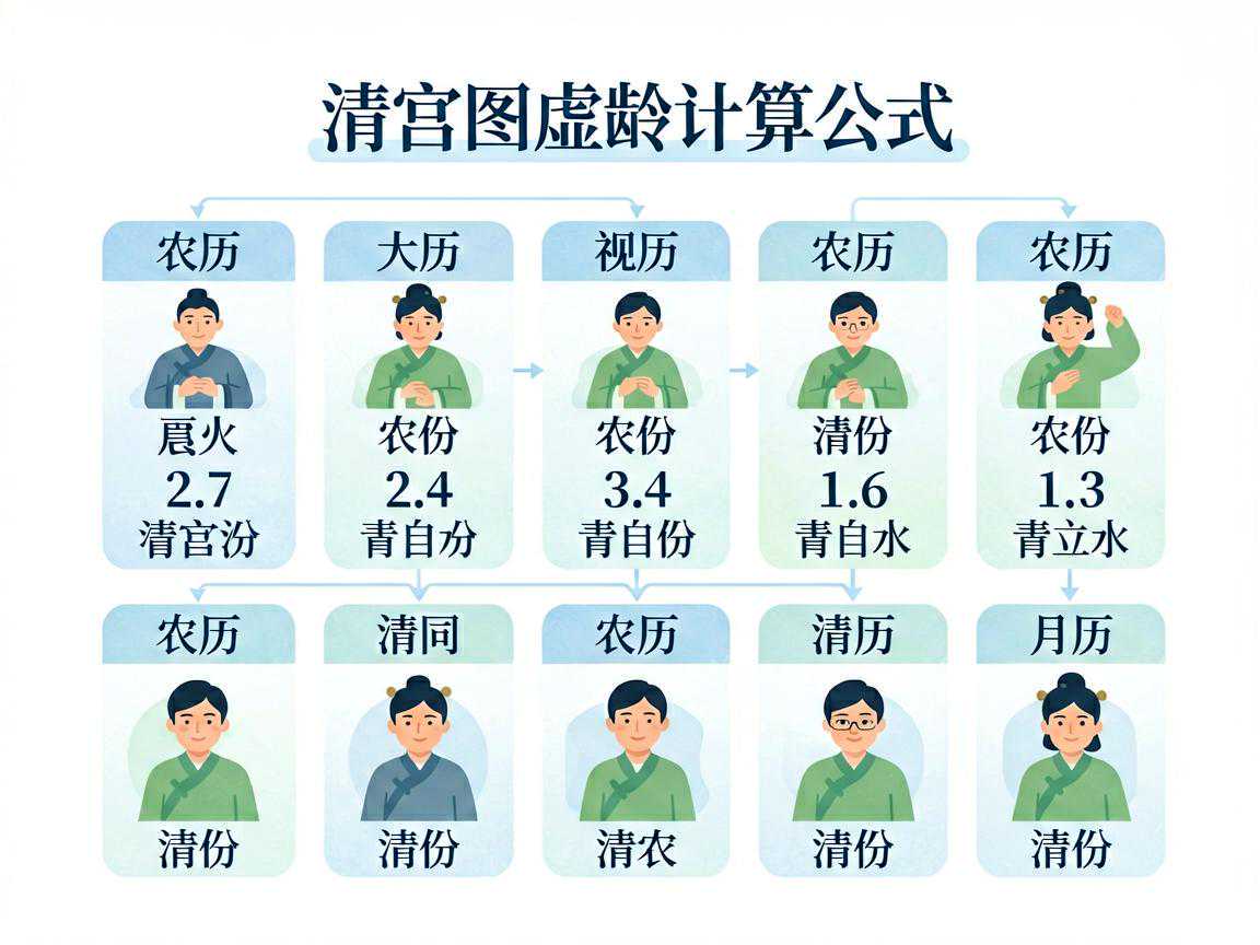 清宫图虚龄计算公式和农历月份转换示意图