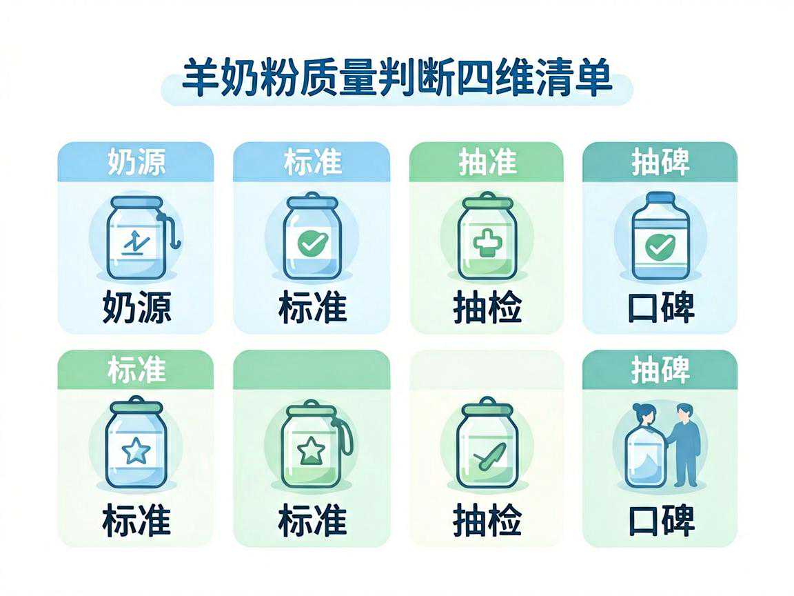 羊奶粉质量判断四维清单图：奶源/标准/抽检/口碑
