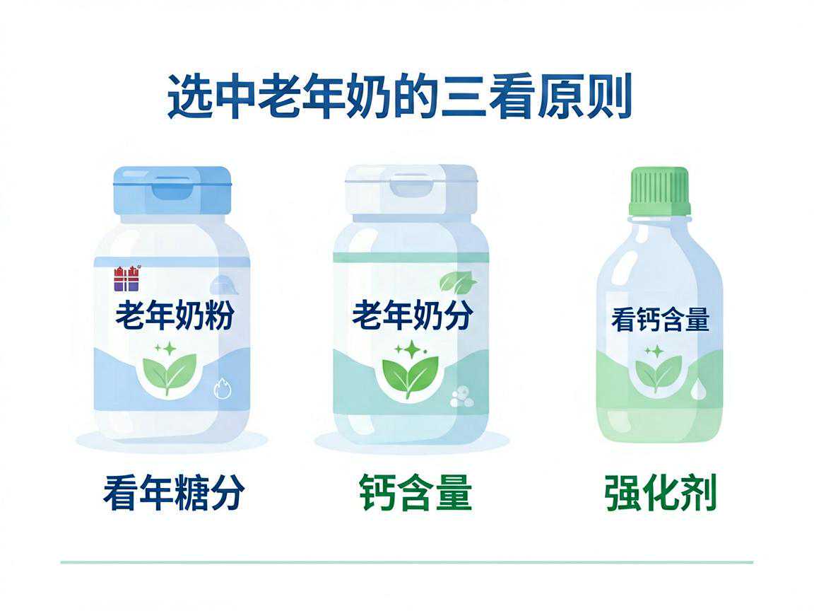 选中老年奶粉看配料表的三看原则：看糖分、看钙含量、看强化剂