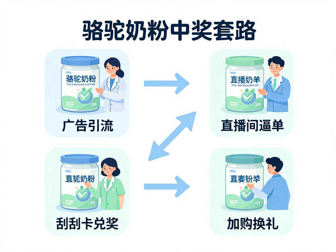 骆驼奶粉中奖套路四步流程:广告引流→直播间逼单→刮刮卡兑奖→加购换礼