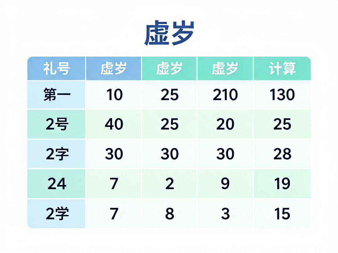 虚岁计算示例表格