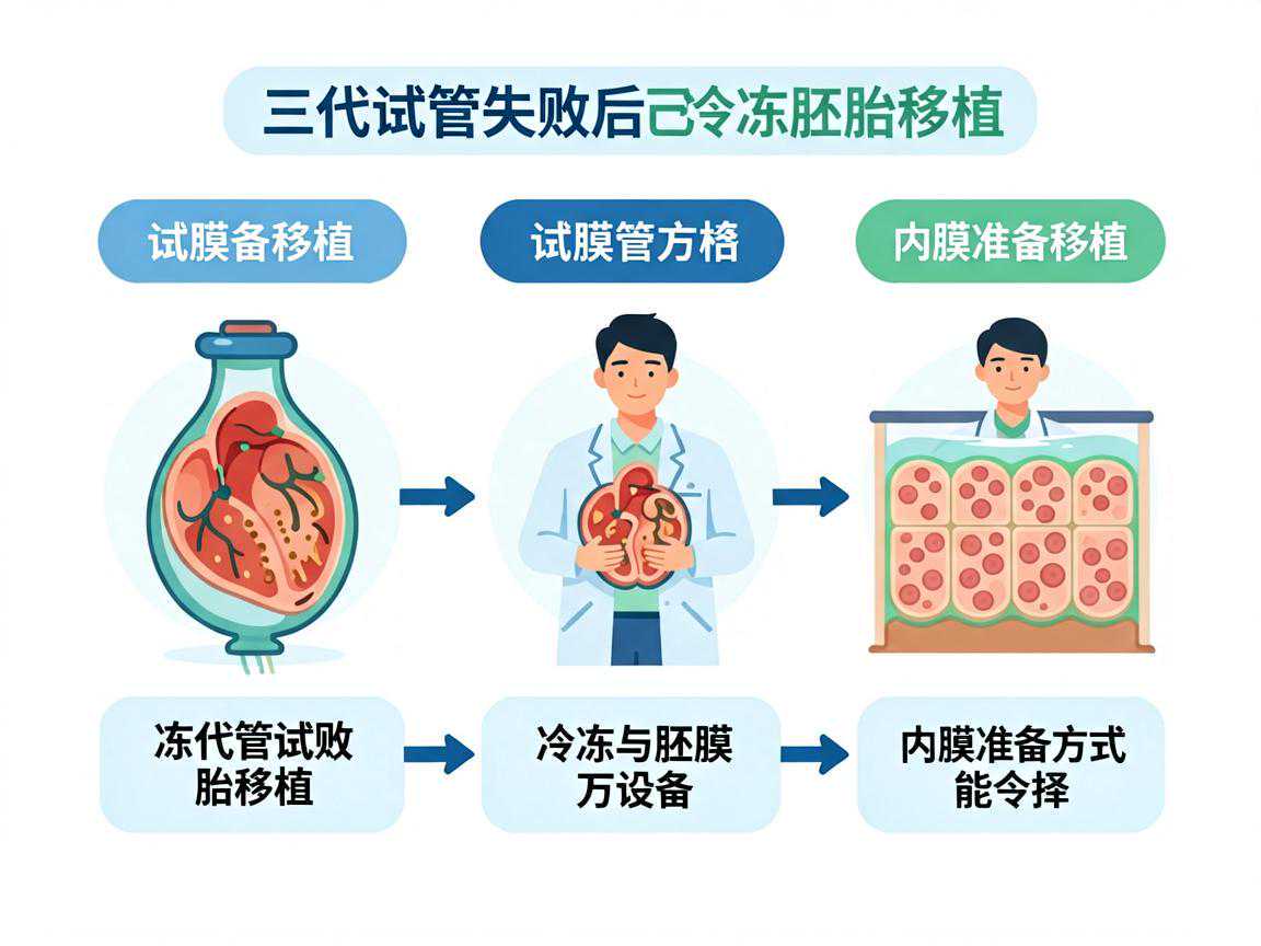 三代试管失败后冷冻胚胎移植与内膜准备方式选择示意图