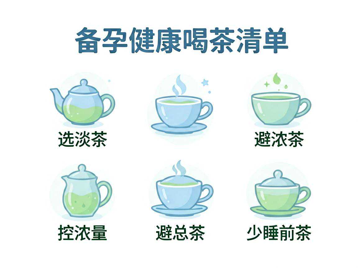 备孕健康喝茶清单图：选淡茶、控总量、避浓茶、少睡前茶