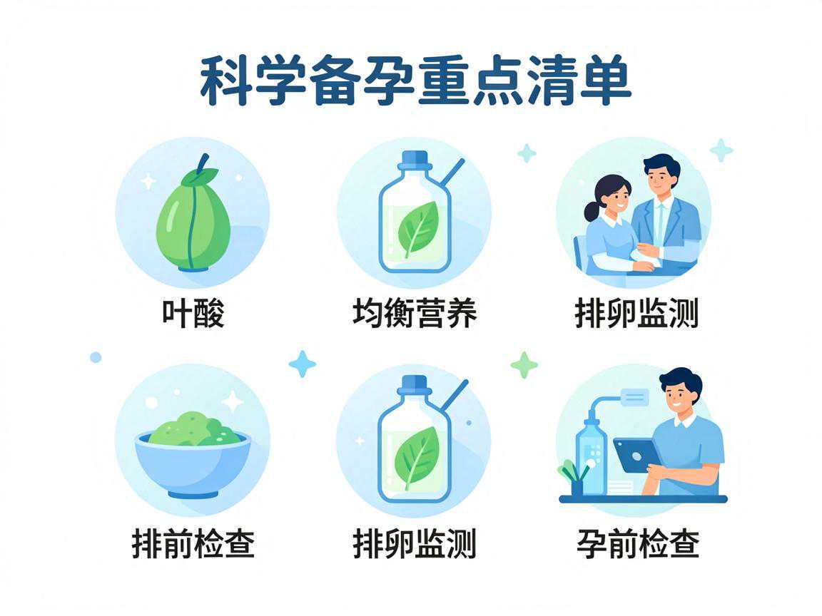科学备孕重点清单图：叶酸、均衡营养、排卵监测、孕前检查