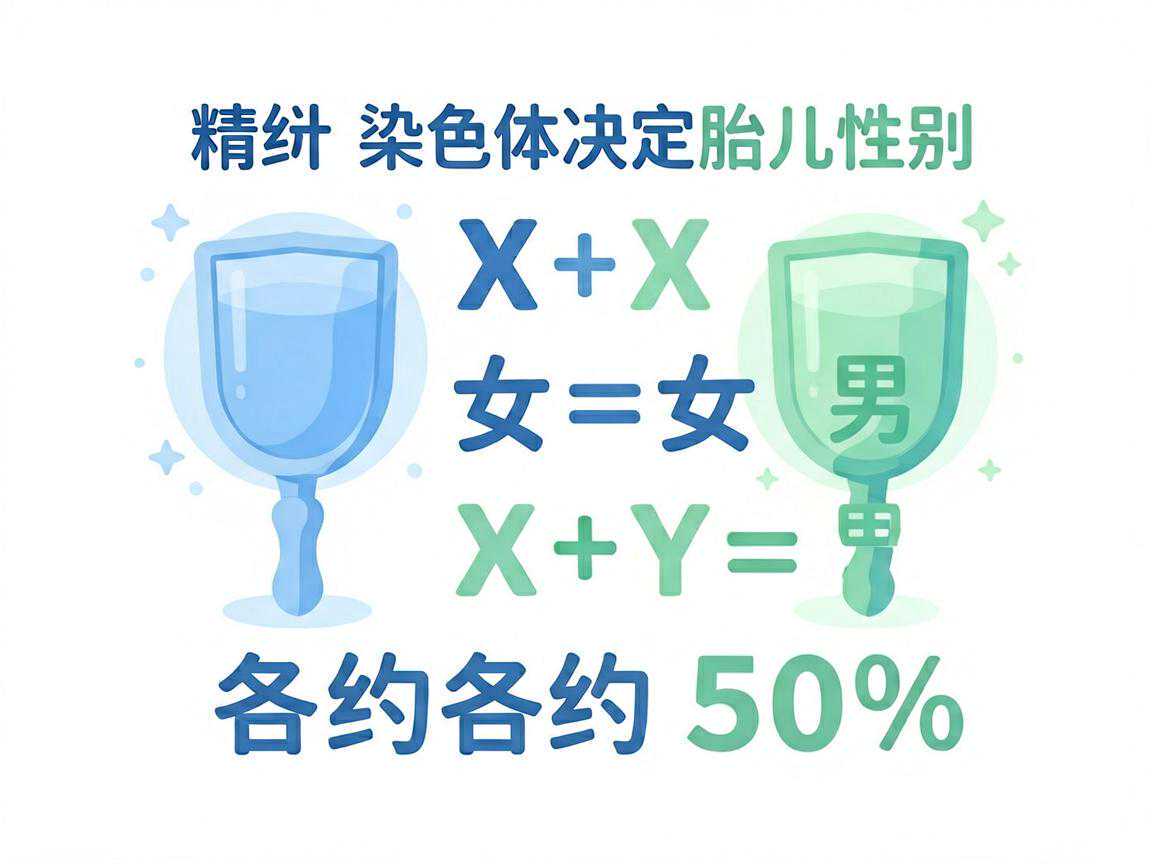 精子X/Y染色体决定胎儿性别:X+X=女,X+Y=男,各约50%