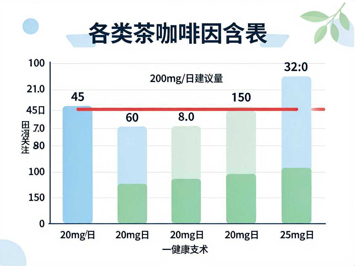 各类茶咖啡因含量对比图（200mg/日建议红线）