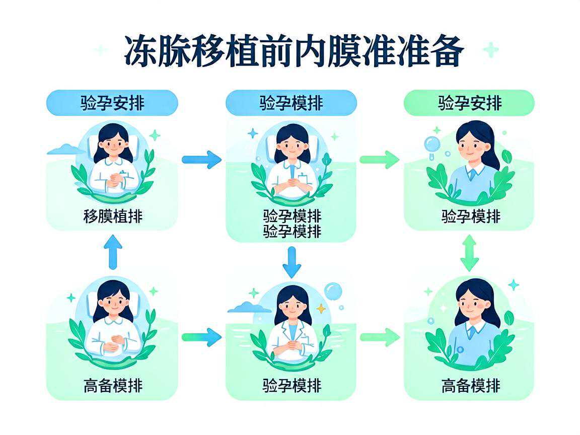 冻胚移植前内膜准备与验孕时间安排示意图