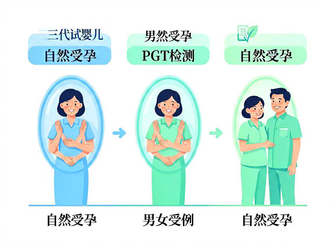 三代试管婴儿PGT检测与自然受孕男女比例对比示意