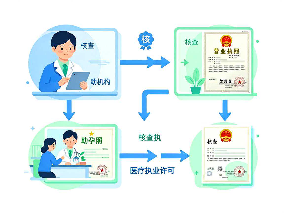 核查助孕机构营业执照与医疗执业许可流程示意