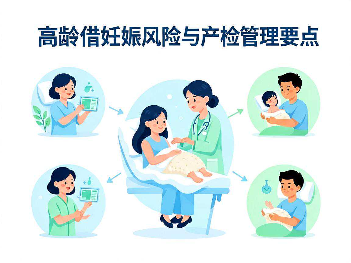 高龄借卵妊娠风险与产检管理要点示意图
