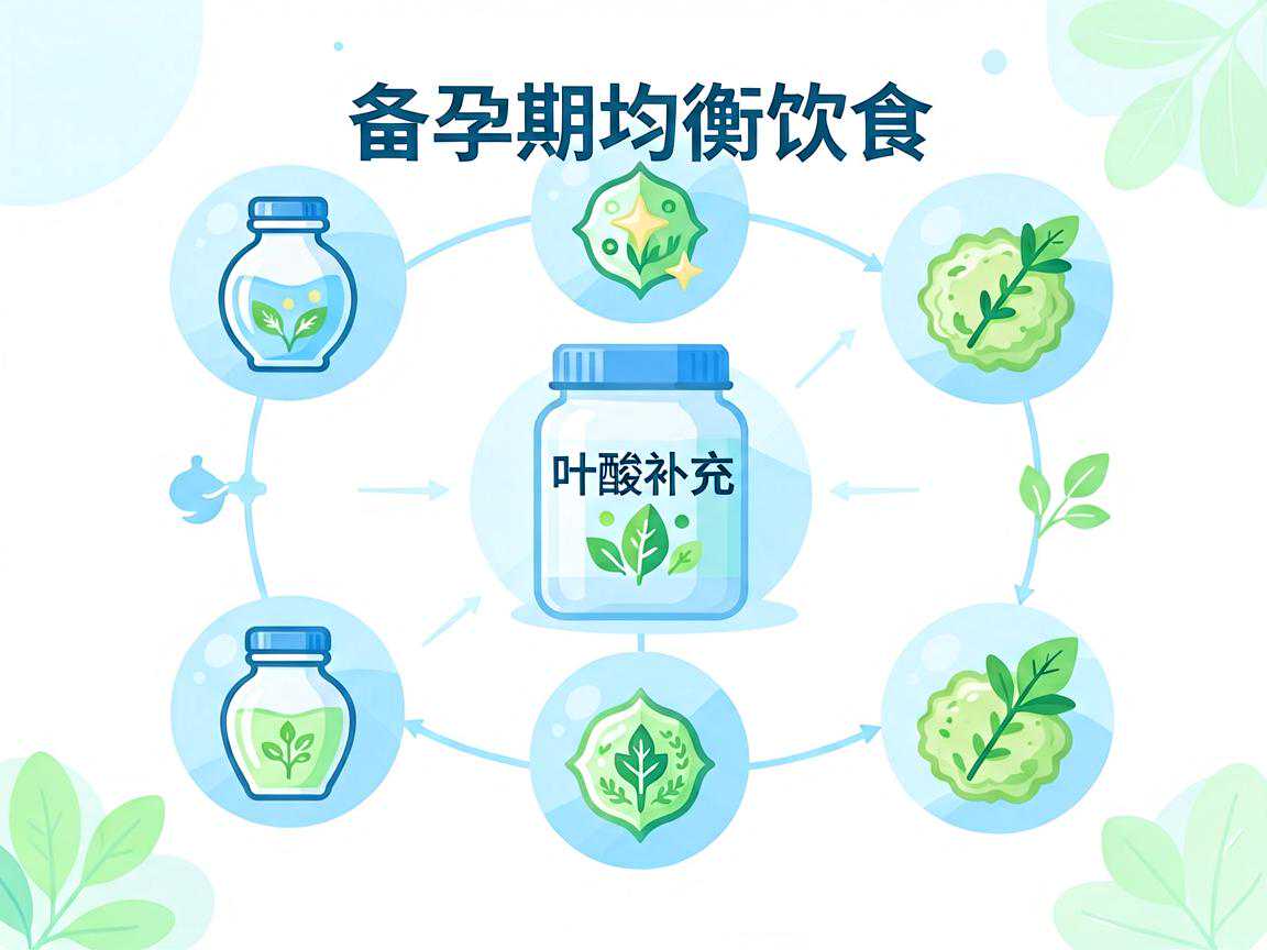 备孕期均衡饮食与叶酸补充关键营养素示意图