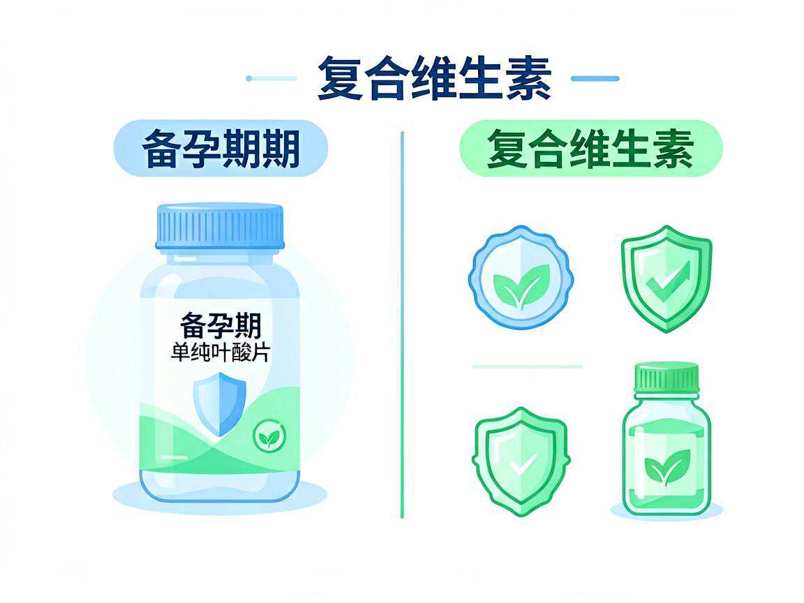备孕期单纯叶酸片与复合维生素成分对比示意
