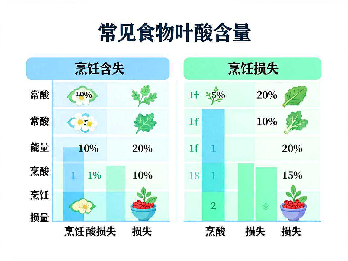常见食物叶酸含量与烹饪损失对比图