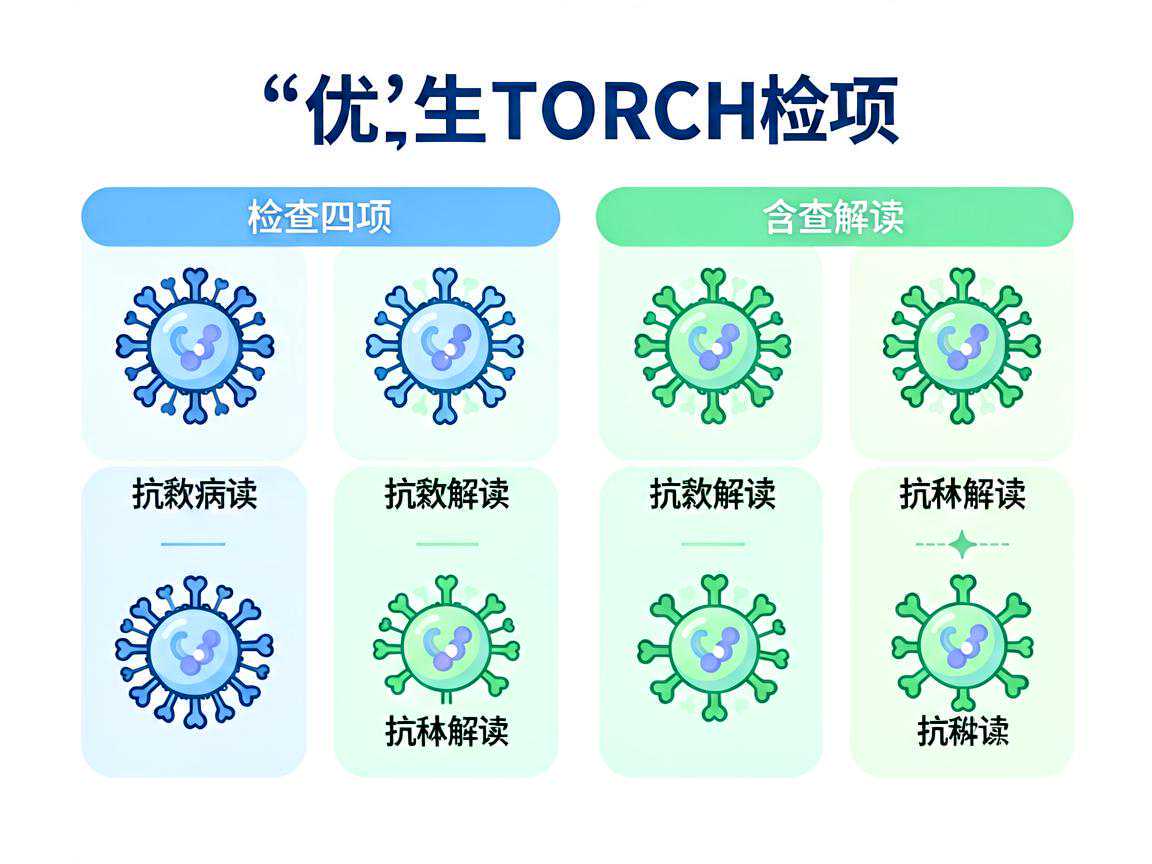 优生四项TORCH检查项目示意图,含四种病原体与抗体解读