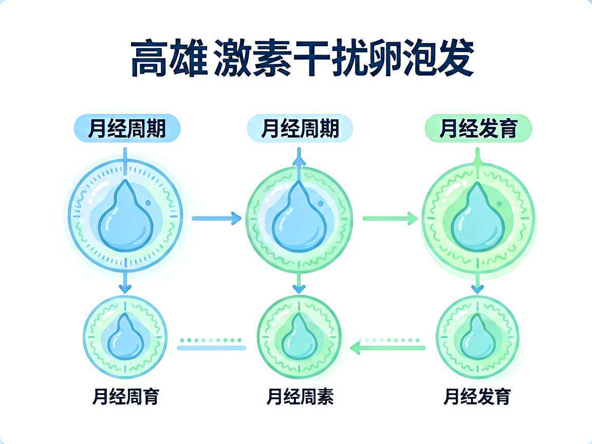高雄激素干扰卵泡发育与月经周期示意图