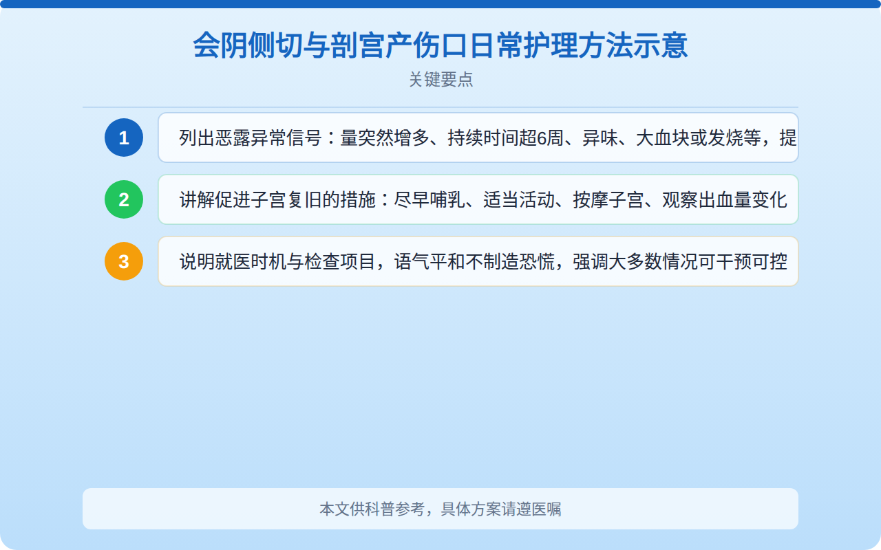 会阴侧切与剖宫产伤口日常护理方法示意