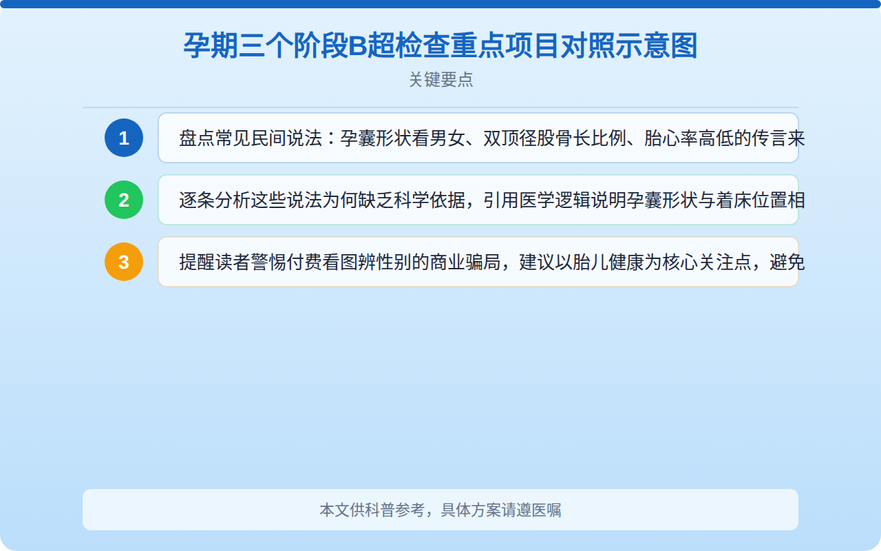 孕期三个阶段B超检查重点项目对照示意图